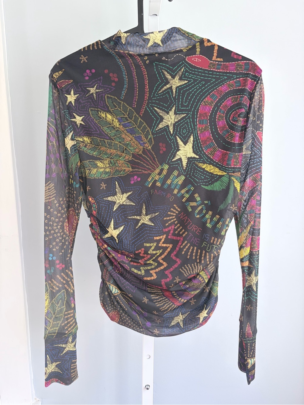 Farm Rio Amazonia Tulle Blouse Multicolor Sheer Mock Neck Size S - Picture 5 of 11
